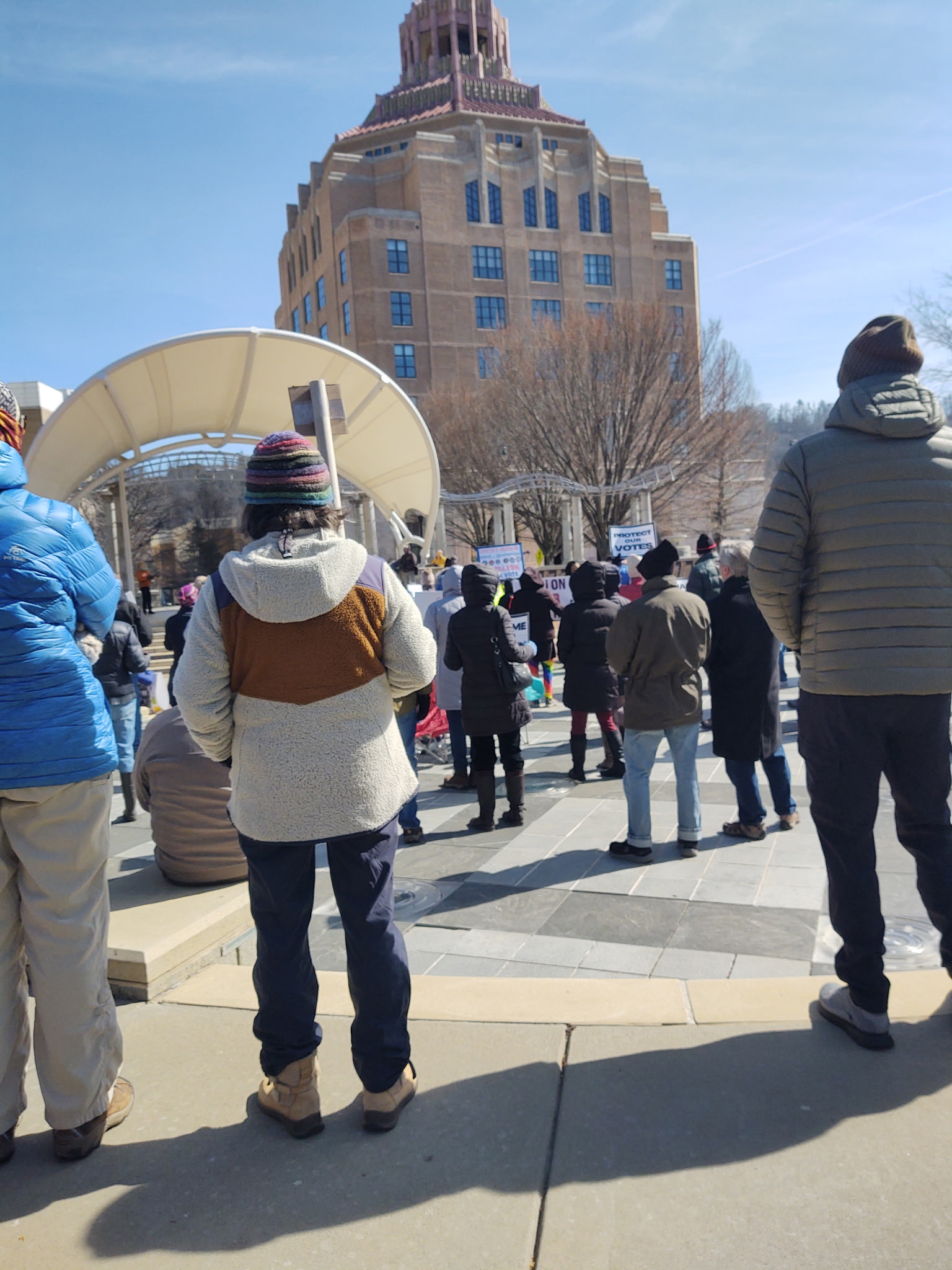 LWVHC in Pack Square, Asheville, supporting NC electoral process.